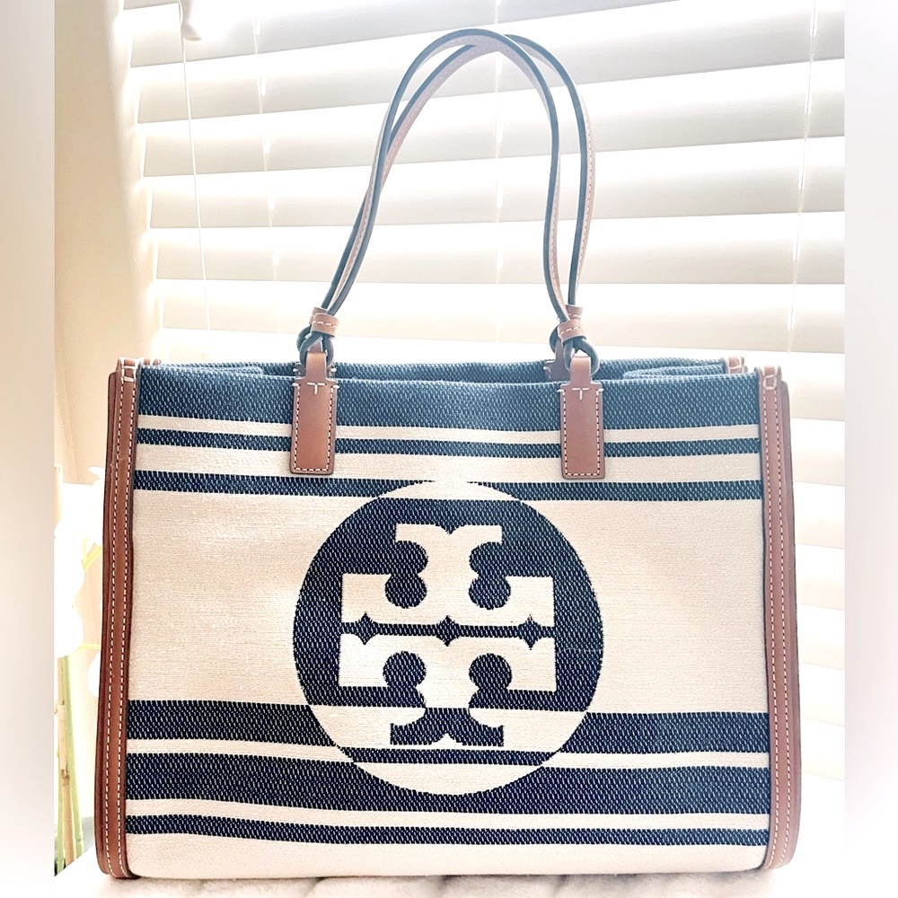 Tory Burch Ella Stripe Jacquard Tote Royal Navy NEW